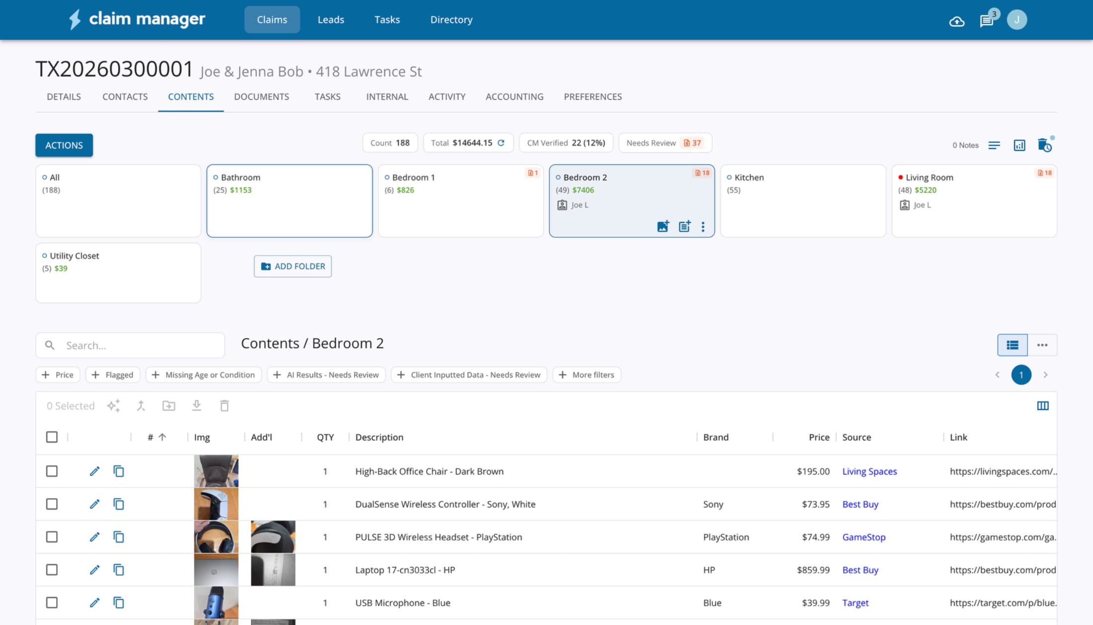 Claim Manager — contents view